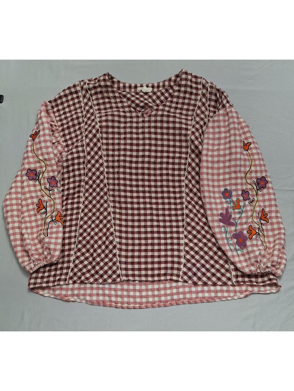 Easel gingham puff dolman sleeve floral embroidered oversized boho blouse